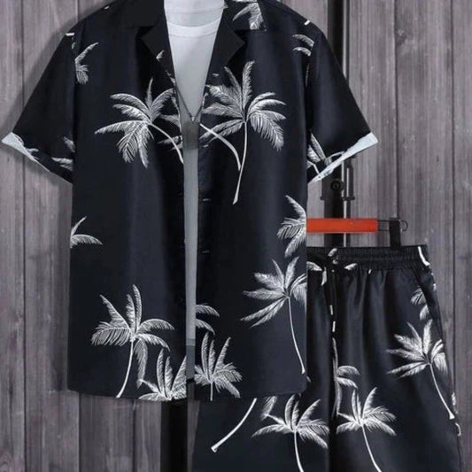 Conjunto hawaiano con estampado de palmeras para hombre