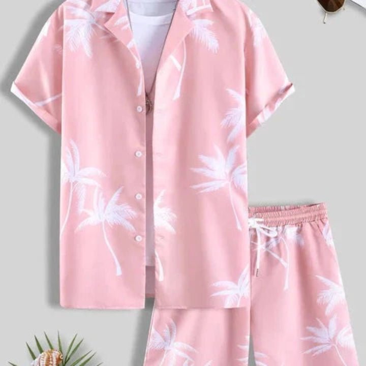 Conjunto hawaiano con estampado de palmeras para hombre