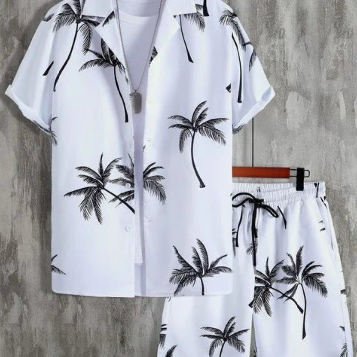 Conjunto hawaiano con estampado de palmeras para hombre