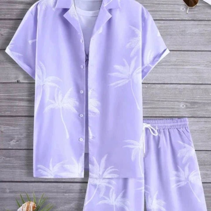 Conjunto hawaiano con estampado de palmeras para hombre