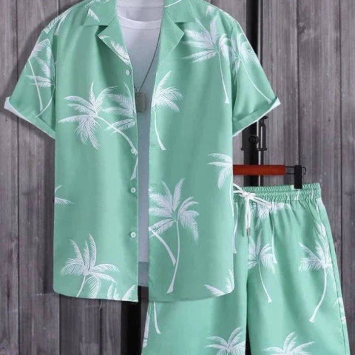 Conjunto hawaiano con estampado de palmeras para hombre