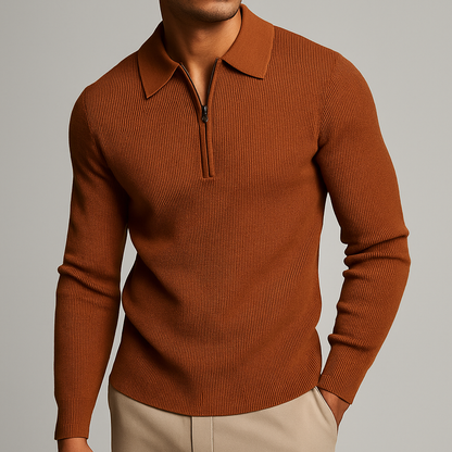 Suéter para hombre con cremallera hasta el pecho de punto waffle ligero – Cuello puntiagudo