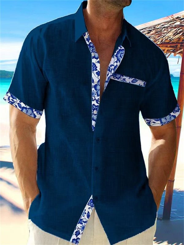 Camisa de manga corta con estampado tropical de algodón para hombre