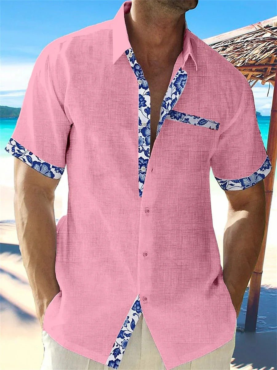 Camisa de manga corta con estampado tropical de algodón para hombre