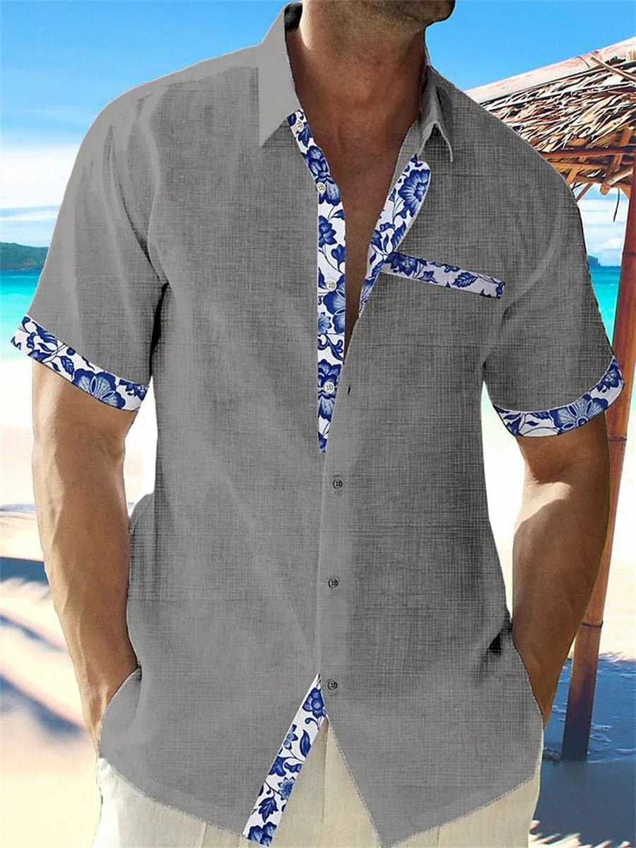 Camisa de manga corta con estampado tropical de algodón para hombre