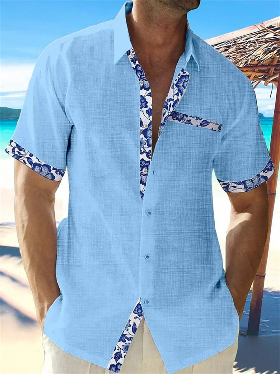 Camisa de manga corta con estampado tropical de algodón para hombre