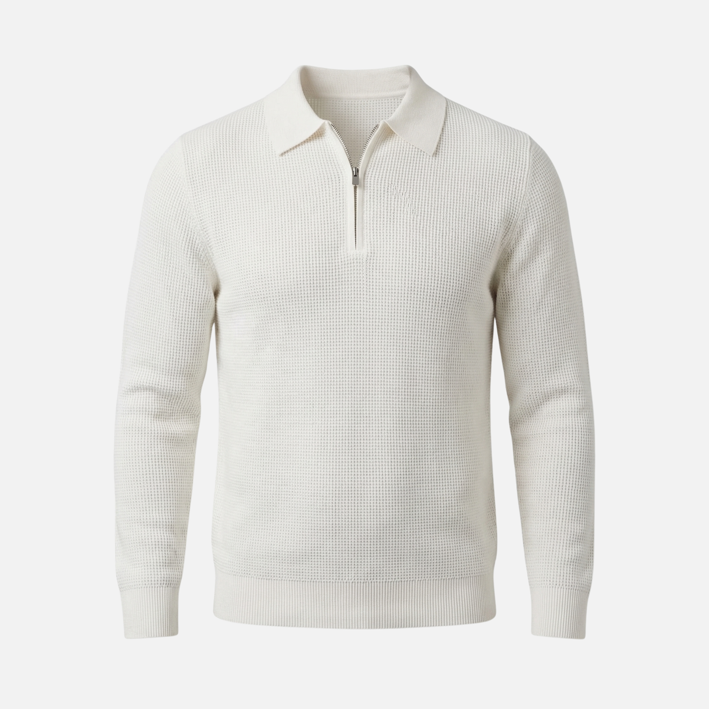 Suéter para hombre con cremallera hasta el pecho de punto waffle ligero – Cuello puntiagudo