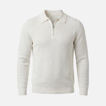 Suéter para hombre con cremallera hasta el pecho de punto waffle ligero – Cuello puntiagudo