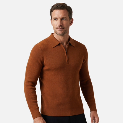 Suéter para hombre con cremallera hasta el pecho de punto waffle ligero – Cuello puntiagudo