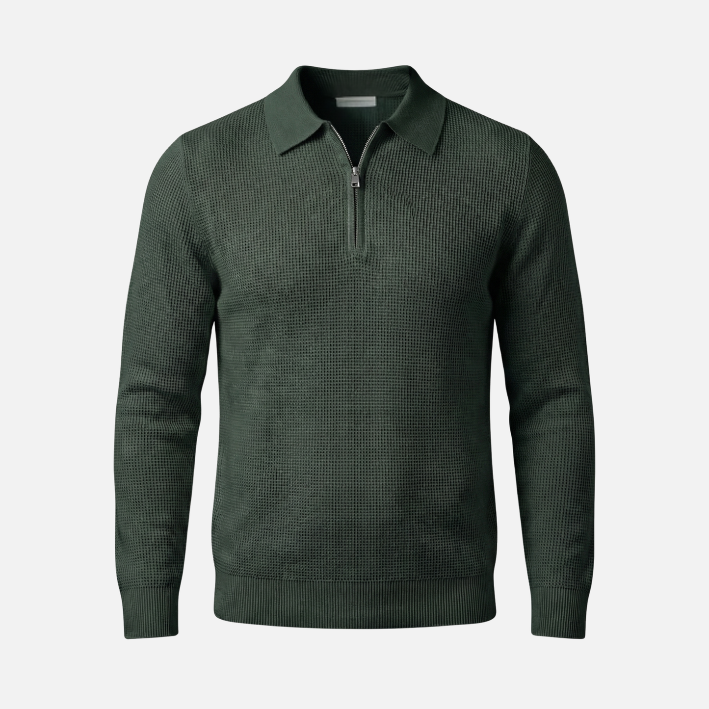 Suéter para hombre con cremallera hasta el pecho de punto waffle ligero – Cuello puntiagudo
