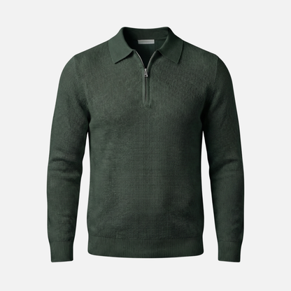 Suéter para hombre con cremallera hasta el pecho de punto waffle ligero – Cuello puntiagudo