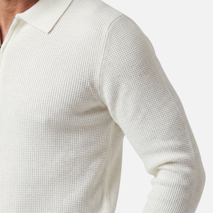 Suéter para hombre con cremallera hasta el pecho de punto waffle ligero – Cuello puntiagudo