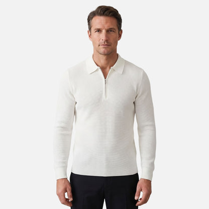 Suéter para hombre con cremallera hasta el pecho de punto waffle ligero – Cuello puntiagudo