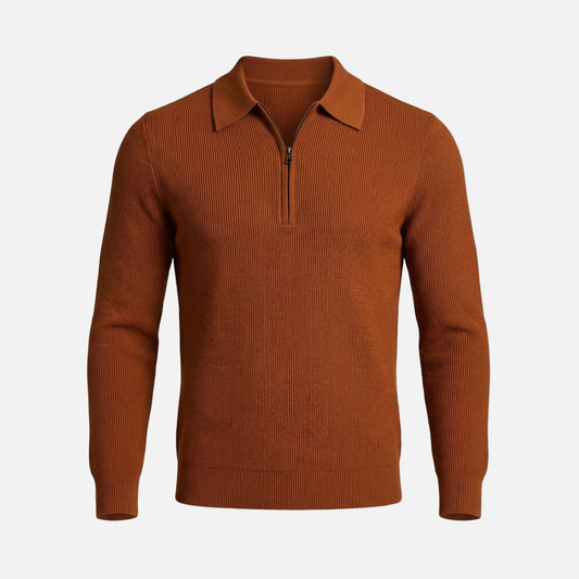 Suéter para hombre con cremallera hasta el pecho de punto waffle ligero – Cuello puntiagudo