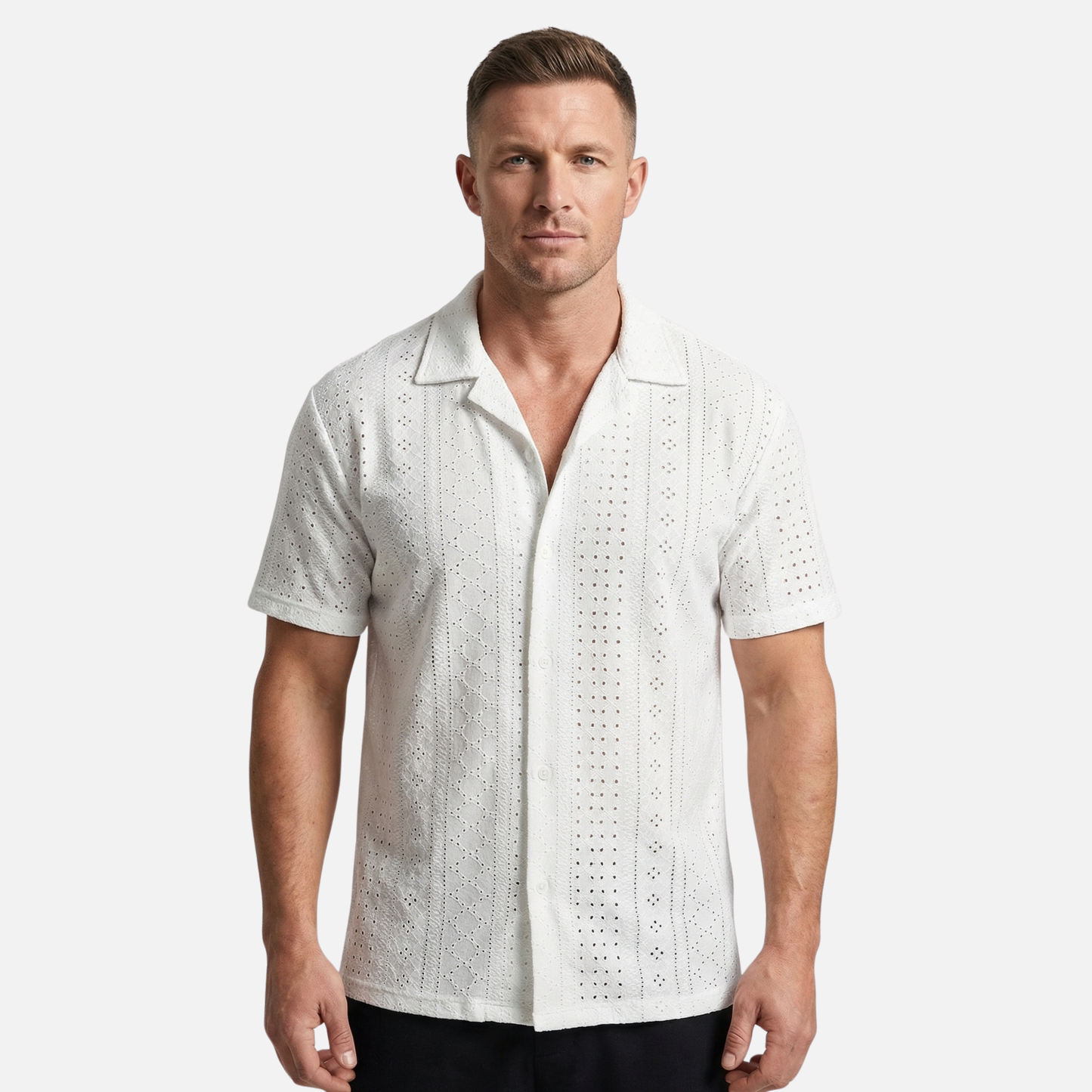 Camisa de verano para hombre de punto jacquard – Cuello cubano y ajuste relajado