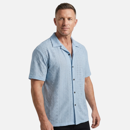 Camisa de verano para hombre de punto jacquard – Cuello cubano y ajuste relajado