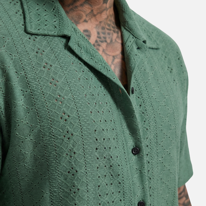 Camisa de verano para hombre de punto jacquard – Cuello cubano y ajuste relajado