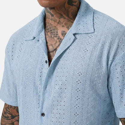 Camisa de verano para hombre de punto jacquard – Cuello cubano y ajuste relajado