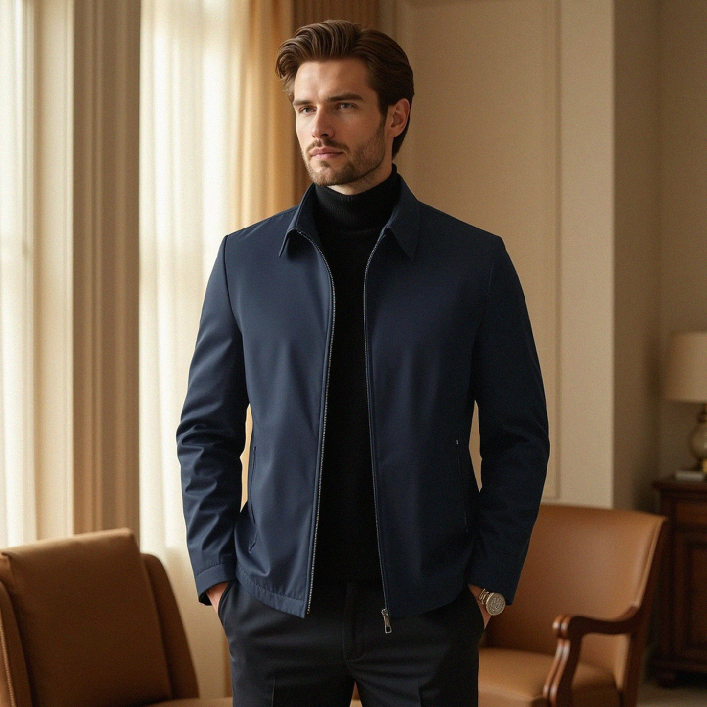 Chaqueta casual ligera con cuello alto – chaqueta outdoor para hombre con cremallera