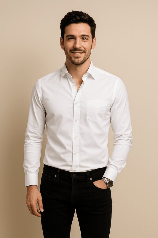 Camisa de negocios de algodón de manga larga con cuello Kent para hombre