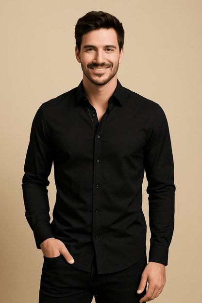 Camisa de negocios de algodón de manga larga con cuello Kent para hombre