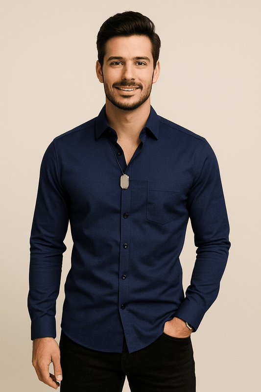 Camisa de negocios de algodón de manga larga con cuello Kent para hombre