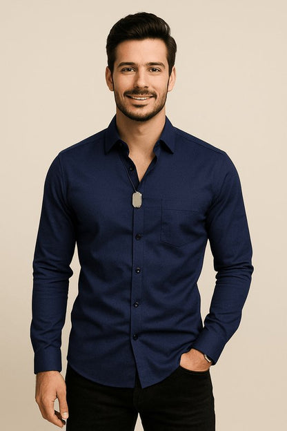 Camisa de negocios de algodón de manga larga con cuello Kent para hombre