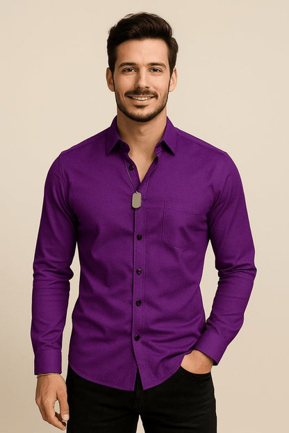 Camisa de negocios de algodón de manga larga con cuello Kent para hombre