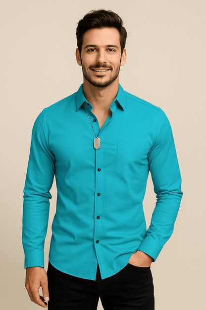 Camisa de negocios de algodón de manga larga con cuello Kent para hombre