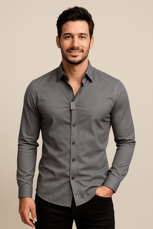 Camisa de negocios de algodón de manga larga con cuello Kent para hombre