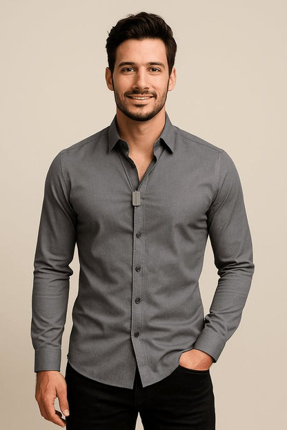 Camisa de negocios de algodón de manga larga con cuello Kent para hombre