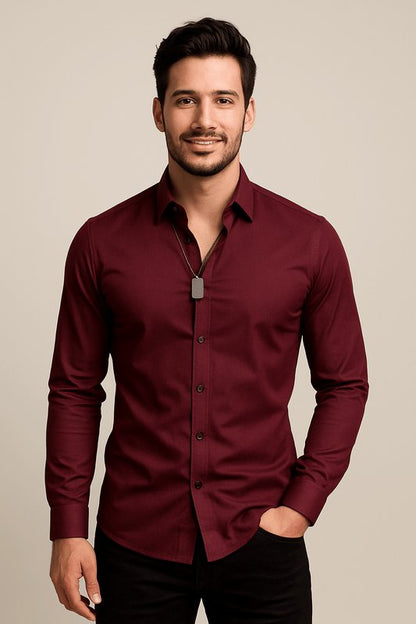 Camisa de negocios de algodón de manga larga con cuello Kent para hombre