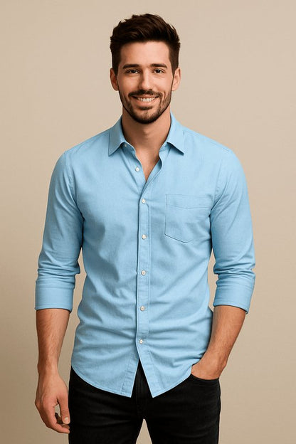 Camisa de negocios de algodón de manga larga con cuello Kent para hombre