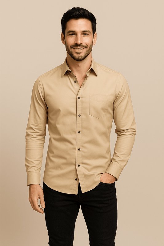 Camisa de negocios de algodón de manga larga con cuello Kent para hombre