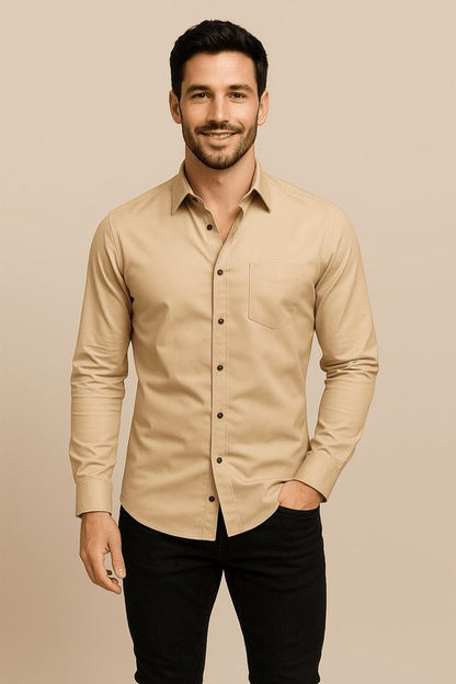 Camisa de negocios de algodón de manga larga con cuello Kent para hombre