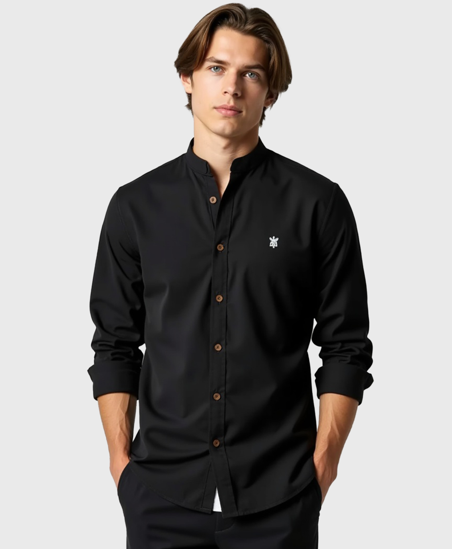 Camisa slim fit para hombre con cuello mao de algodón