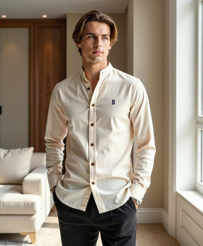 Camisa slim fit para hombre con cuello mao de algodón