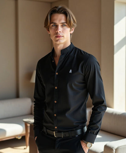 Camisa slim fit para hombre con cuello mao de algodón