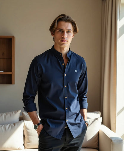 Camisa slim fit para hombre con cuello mao de algodón