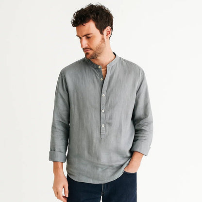 Camisa de algodón de manga larga con cuello mao para hombre