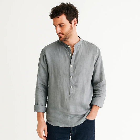 Camisa de algodón de manga larga con cuello mao para hombre