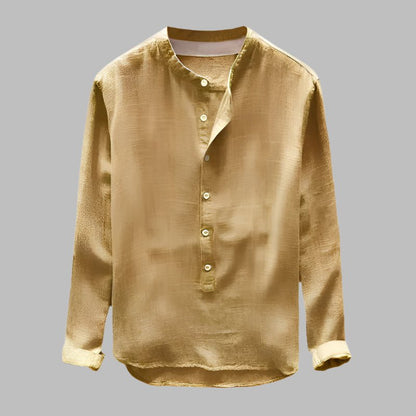 Camisa de algodón de manga larga con cuello mao para hombre
