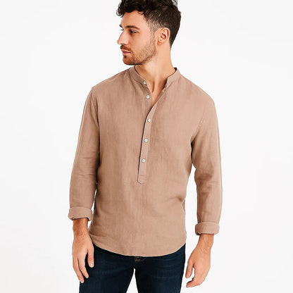 Camisa de algodón de manga larga con cuello mao para hombre