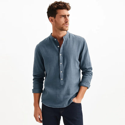 Camisa de algodón de manga larga con cuello mao para hombre