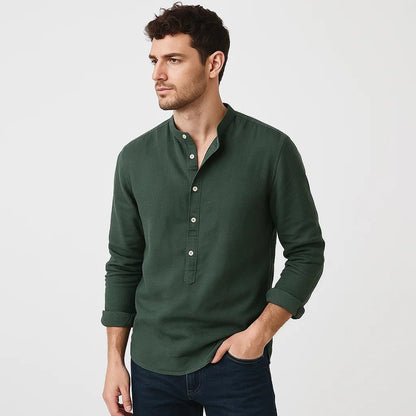 Camisa de algodón de manga larga con cuello mao para hombre