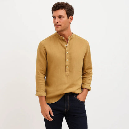 Camisa de algodón de manga larga con cuello mao para hombre