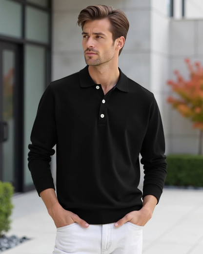 Polo de manga larga con botonadura en el cuello para hombres