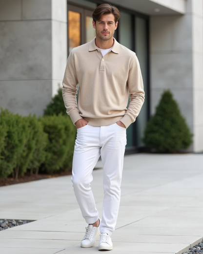 Polo de manga larga con botonadura en el cuello para hombres