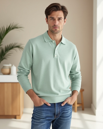 Polo de manga larga con botonadura en el cuello para hombres