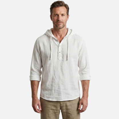 Camisa casual ligera de lino con capucha y cordón para hombre